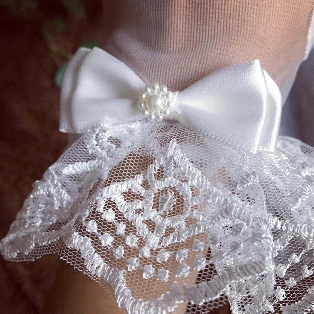Women's Formal Floral Short Length Lace Wrist Bow Gloves Cream Wedding Costume
